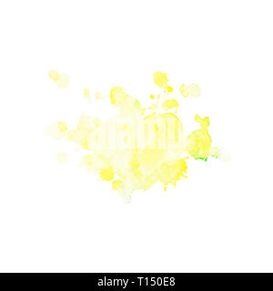 Aquarelle spot de couleur jaune pâle avec des touches de vert et de divorces. Blot isolé sur fond blanc. Tache jaune citron dessiné à la main. Banque D'Images