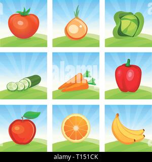 Vector Icon Set de légumes et fruits sur fond de paysage pittoresque. Cartoon illustrations pour concevoir des emblèmes et à la promo pour la récolte et la trad Illustration de Vecteur