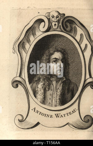 Portrait d'Antoine Watteau, peintre rococo français 1684-1721. La gravure sur cuivre après un autoportrait par Antoine Watteau d'Antoine-Joseph Dezallier d'Argenvilleâ€™Abrege de la vie des plus fameux peintres, vit des artistes les plus célèbres, de Bure de lâ€™Aine, Paris, 1762. Banque D'Images