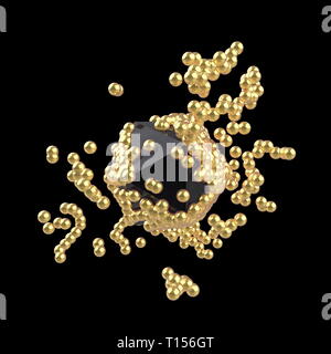 Modèle d'abstract structure moléculaire avec des sphères dorées et noir brillant lowpoly core. Isolé sur fond noir. 3D render Banque D'Images