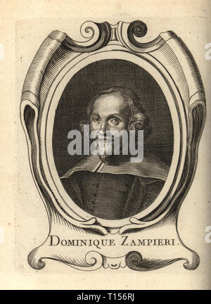 Portrait de Domenichino, peintre baroque italien de la Renaissance appartenant à l'école 1581-1641. Dominique Zampieri. La gravure sur cuivre de Antoine-Joseph Dezallier d'Argenville's Abrege de la vie des plus fameux peintres, vit des artistes les plus célèbres, de Bure de l'Aine, Paris, 1762. Banque D'Images