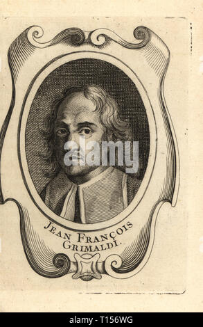 Portrait de Giovanni Francesco Grimaldi, l'Italien peintre, dessinateur, graveur et architecte 1606-1680. Jean François Grimaldi. La gravure sur cuivre de Antoine-Joseph Dezallier d'Argenvilleâ€™Abrege de la vie des plus fameux peintres, vit des artistes les plus célèbres, de Bure de lâ€™Aine, Paris, 1762. Banque D'Images