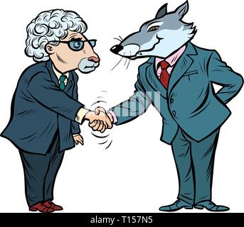 Le loup et les moutons les négociations d'affaires, l'amitié isoler sur fond blanc Illustration de Vecteur