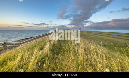 Afsluitdijk dutch endiguer à l'autoroute la clôture et piste cyclable pendant le coucher du soleil avec ciel assombri Banque D'Images