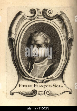 Portrait de Pier Francesco Mola, dit Il Ticinese, peintre italien du haut Baroque 1612-1666. Pierre François Mola. La gravure sur cuivre de Antoine-Joseph Dezallier d'Argenville's Abrege de la vie des plus fameux peintres, vit des artistes les plus célèbres, de Bure de l'Aine, Paris, 1762. Banque D'Images