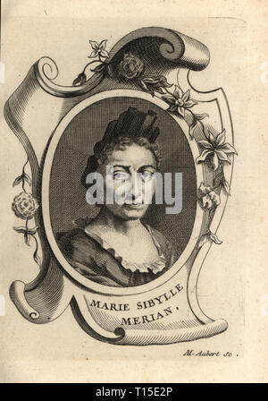 Portrait de Maria Sibylla Merian, naturaliste allemand et artiste scientifique, 1647-1717. Marie Sibylle Merian. La gravure sur cuivre par M. Aubert après un portrait par Georg Gsell d'Antoine-Joseph Dezallier d'Argenvilleâ€™Abrege de la vie des plus fameux peintres, vit des artistes les plus célèbres, de Bure de lâ€™Aine, Paris, 1762. Banque D'Images