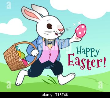 Lapin de Pâques s'exécutant dans un champ avec panier plein d'oeufs en chocolat coloré cartoon vector illustration. Pâques, printemps, élément de design thème chasse aux œufs Illustration de Vecteur