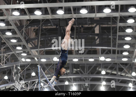 University Park, Pennsylvania, USA. Mar 23, 2019. ABBY BRENNER de l'Université du Michigan est en concurrence sur les barres à Rec Hall à University Park, New York. Credit : Amy Sanderson/ZUMA/Alamy Fil Live News Banque D'Images
