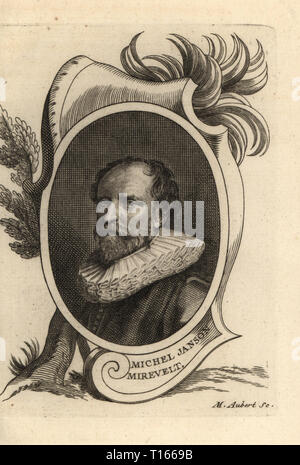 Portrait de Michiel Jansz. van Mierevelt, peintre et dessinateur 1566-1641. Michel Janson Mirevelt. La gravure sur cuivre par M. Aubert après un portrait par Willem Jacobsz. Antoine-Joseph Dezallier d'Delff d'Argenvilleâ€™Abrege de la vie des plus fameux peintres, vit des artistes les plus célèbres, de Bure de lâ€™Aine, Paris, 1762. Banque D'Images