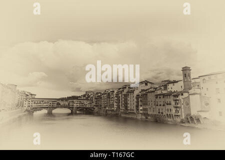 Le Ponte Vecchio, une pierre médiévale de tympan fermé arcs surbaissés de pont sur l'Arno, à Florence, Italie, a noté pour toujours des boutiques construites Banque D'Images