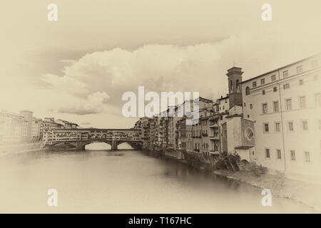 Le Ponte Vecchio, une pierre médiévale de tympan fermé arcs surbaissés de pont sur l'Arno, à Florence, Italie, a noté pour toujours des boutiques construites Banque D'Images