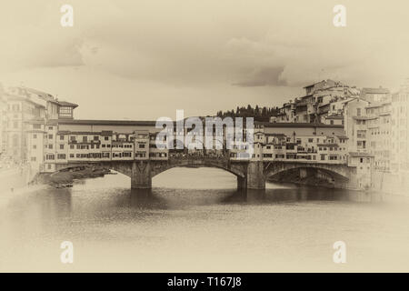 Le Ponte Vecchio, une pierre médiévale de tympan fermé arcs surbaissés de pont sur l'Arno, à Florence, Italie, a noté pour toujours des boutiques construites Banque D'Images