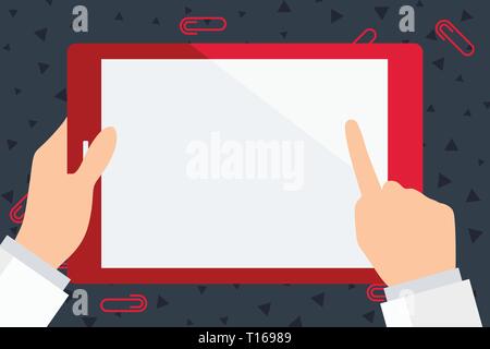 Hand Holding faisant toucher Couleur Blanc Tablette rectangulaire blanc Design d'écran copie vide d'affaires texte de l'espace pour la promotion de site web Annonce Interdiction isolée Illustration de Vecteur