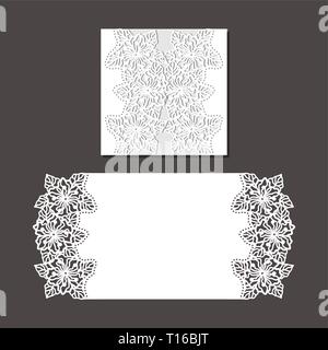 Coupe au laser modèle Enveloppe pour invitation mariage carte. Carte de vœux papier avec bordure en dentelle. Découper le gabarit pour la découpe. Illustration de Vecteur