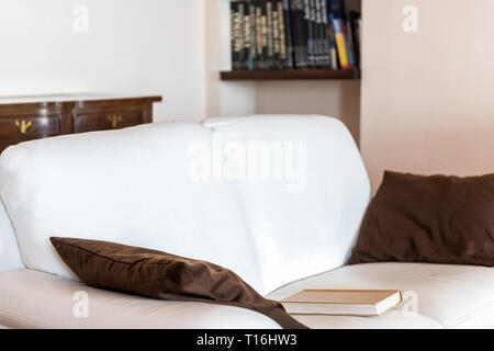 Gros plan intérieur de la vie moderne meubles de salon canapé blanc oreillers marron canapé en cuir et lumineux lumière naturelle avec des livres Banque D'Images