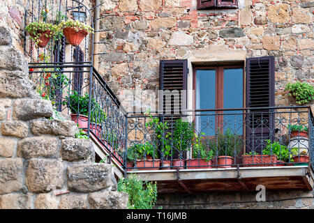 Monticchiello, Italie Ville ou village ville de Toscane et libre de fleur plante de jour d'architecture décoration personne n'balcon de la fenêtre d'accueil Banque D'Images