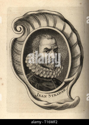 Portrait de Giovanni Stradano ou Jan Van der Straet, peintre maniériste flamand, 1523-1605. Jean Stradan. La gravure sur cuivre de Antoine-Joseph Dezallier d'Argenvilleâ€™Abrege de la vie des plus fameux peintres, vit des artistes les plus célèbres, de Bure de lâ€™Aine, Paris, 1762. Banque D'Images
