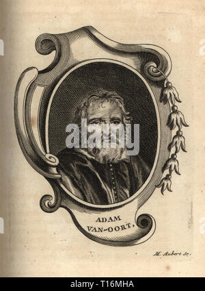 Portrait d'Adam van Noort, peintre et dessinateur Flamand 1561-1641. Van-Oort Adam. La gravure sur cuivre par M. Aubert après un portrait par Jacob Jordaens de Antoine-Joseph Dezallier d'Argenvilleâ€™Abrege de la vie des plus fameux peintres, vit des artistes les plus célèbres, de Bure de lâ€™Aine, Paris, 1762. Banque D'Images