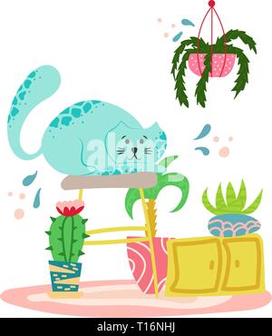 Cute cat ludique avec des plantes dans la caricature télévision style. Illustration à la main Illustration de Vecteur