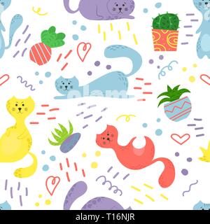 Avec motif transparent mignon les plantes, les chats et les doodles. Fleurs dans un pot. Hygge accueil. Vector background design. Illustration de Vecteur