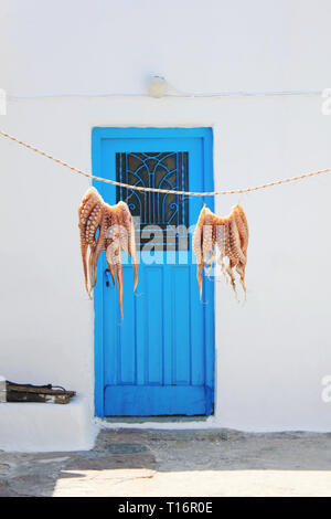 Poulpe frais séché au soleil en face d'une maison traditionnelle à l'île de Mylos, Grèce. Banque D'Images