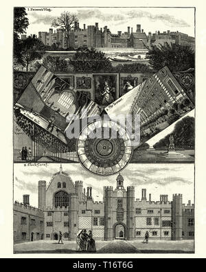 Vintage gravure d'Hampton Court Palace, un palais royal, dans le quartier de Richmond upon Thames. La construction du palais a commencé en 1515 pour le Cardinal Thomas Wolsey, favori du Roi Henry VIII. Banque D'Images