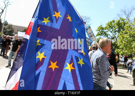 Un participant vu avec les drapeaux de l'Angleterre et l'Europe au cours de la manifestation. La communauté britannique en Espagne a démontré en faveur d'un autre référendum sur Brexit à Plaza de Colón 'pour la défense des droits des cinq millions d'Européens au Royaume-Uni et britanniques dans l'Union européenne et de demander un deuxième référendum sur la sortie de la Grande-Bretagne de l'UE '. Banque D'Images