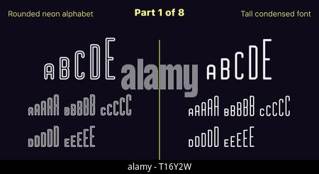 Néon blanc condensée font, arrondies. Polices vectorielles décrites et rempli de styles, partie 1 de 8. Alphabet majuscule au néon avec des lettres, des chiffres Illustration de Vecteur