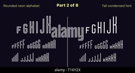 Néon blanc condensée font, arrondies. Polices vectorielles décrites et rempli de styles, partie 2 de 8. Alphabet majuscule au néon avec des lettres, des chiffres Illustration de Vecteur