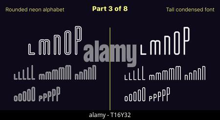 Néon blanc condensée font, arrondies. Polices vectorielles décrites et rempli de styles, partie 3 de 8. Alphabet majuscule au néon avec des lettres, des chiffres Illustration de Vecteur