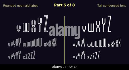 Néon blanc condensée font, arrondies. Polices vectorielles décrites et rempli de styles, partie 5 de 8. Alphabet majuscule au néon avec des lettres, des chiffres Illustration de Vecteur