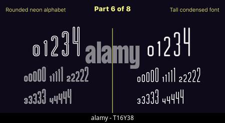 Néon blanc condensée font, arrondies. Polices vectorielles décrites et rempli de styles, partie 6 de 8. Alphabet majuscule au néon avec des lettres, des chiffres Illustration de Vecteur