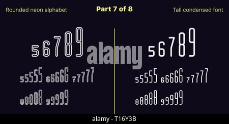 Néon blanc condensée font, arrondies. Polices vectorielles décrites et rempli de styles, partie 7 de 8. Alphabet majuscule au néon avec des lettres, des chiffres Illustration de Vecteur