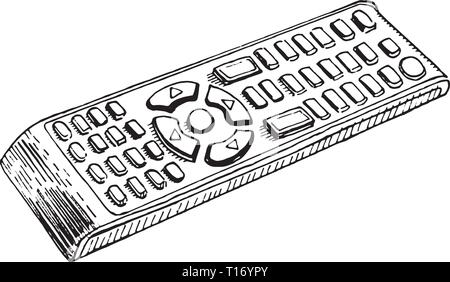 TV remote controller. Hand drawn sketchy illustration graphique de style. Les dessins au trait noir sur blanc isolé. Illustration de Vecteur