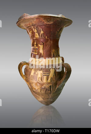 Hüseyindede vases, ancien navire de secours Polychrome Hittite représentant une procession de musiciens et danseurs, ox, taureaux et de chariot, autel sacrificiel 16e c Banque D'Images