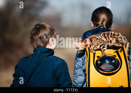 Excursion avec les enfants et la Chatte sur un jour de printemps ensoleillé Banque D'Images