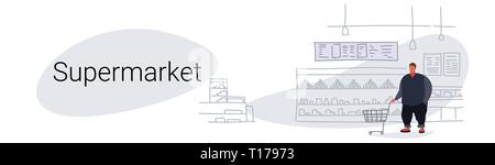 L'excès de graisse man pushing trolley panier achat produits en épicerie food shopping concept supermarché moderne l'doodle croquis Illustration de Vecteur
