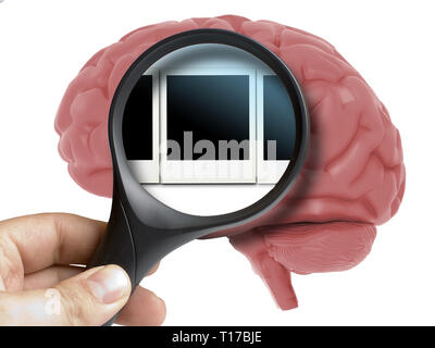 Cerveau humain analysé avec une loupe souvenirs instantanés polaroid isolated on white Banque D'Images