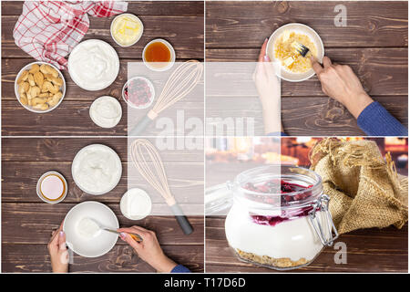 Collage étape par étape de recette de gâteau au fromage sans cuisson sur bois marron foncé Banque D'Images