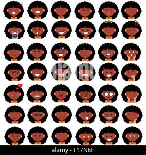 Illustration de l'African American girl cute visages montrant différentes émotions. Joie, tristesse, colère, parler, drôles, de peur, de sourire. Illustration isolé o Illustration de Vecteur