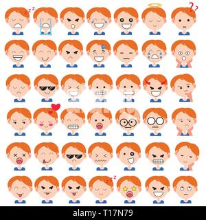 Illustration de cute boy visages montrant différentes émotions. Joie, tristesse, colère, parler, drôles, de peur, de sourire. Illustration isolé sur fond blanc Illustration de Vecteur