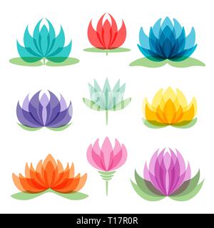 Ensemble de fleurs de lotus isolé sur fond blanc. Illustration de Vecteur