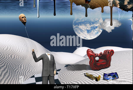Surreal désert blanc. Fauteuil rouge avec blanc apple, trompette et la peinture. Man in suit tient sa tête comme un ballon. Une autre dimension s'écoule vers le bas. Banque D'Images