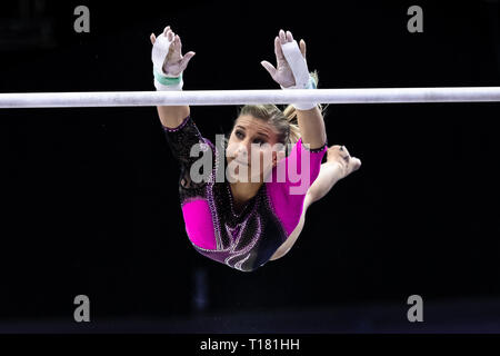 Londres, Royaume-Uni. Mar 23, 2019. Eli Seitz effectue les barres asymétriques au cours du Matchroom présente les superstars 2019 Multisports de la gymnastique à l'O2 Arena le Samedi, 23 mars 2019. Londres en Angleterre. Credit : Taka Wu/Alamy Live News Banque D'Images