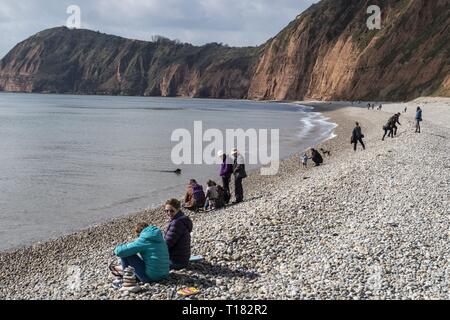 London, UK. 24Th Mar, 2019. Une tache de soleil tentés de personnes sur les plages de Sidmouth. Credit Photo : Alamy/Central Live News Banque D'Images