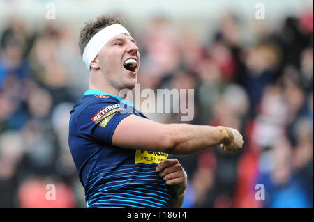 Salford, Royaume-Uni. Le 24 mars 2019. Stade AJ Bell, Salford, Angleterre ; Rugby League Super League Betfred, Salford Red Devils vs Wigan Warriors, Wigan Warriors George Williams célèbre la fin de l'essai. Credit : Dean Williams/Alamy Live News Banque D'Images