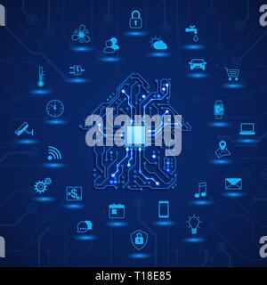 Maison Intelligente ou concept de l'ITO. Surveillance et contrôle à distance maison intelligente. Chambre circuit et icônes de fonction smart home. Vector illustration sur zone bleue Illustration de Vecteur