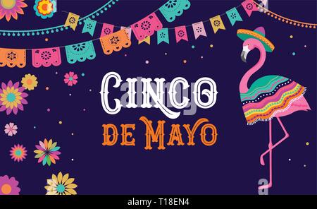 Le Cinco de Mayo, Fiesta Mexicaine de bannière et de conception de l'affiche avec Flamingo, fleurs, décorations Illustration de Vecteur