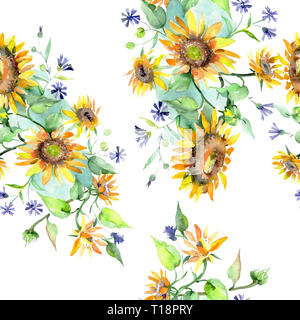 Bouquet de fleurs de tournesol botanique floral. Contexte aquarelle illustration set. Motif de fond transparent. Banque D'Images