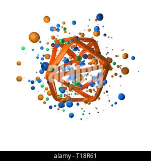 Illustration 3D réaliste de vol primitives. Formes sphériques en mouvement isolé sur fond blanc structure moléculaire unication câblé polygonale Banque D'Images